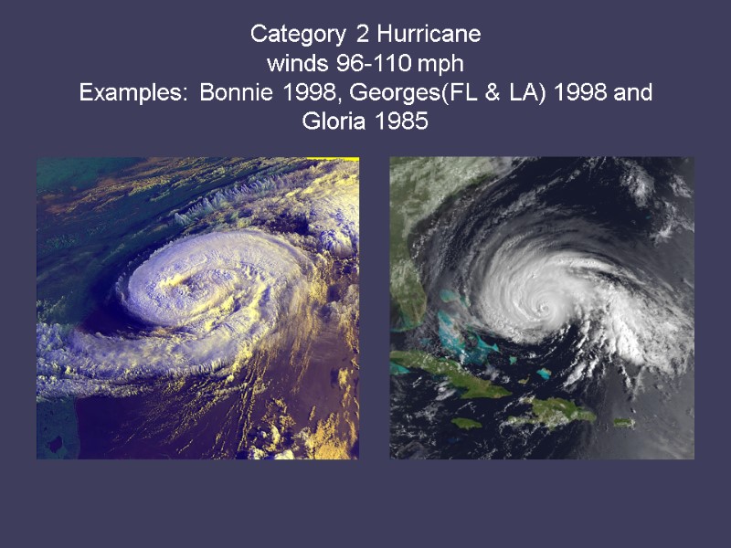 Category 2 Hurricane  winds 96-110 mph Examples: Bonnie 1998, Georges(FL & LA) 1998